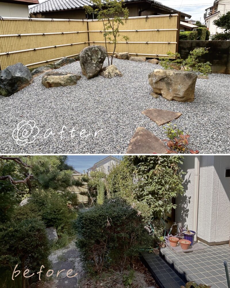 既存石組ともみじを活かした和モダン庭園のビフォーアフター比較。防草対策と砂利敷きで管理負担を軽減。